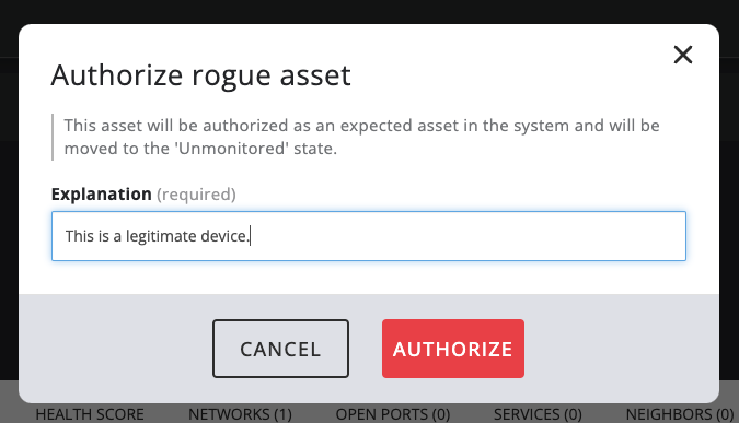 Authorize asset dialog