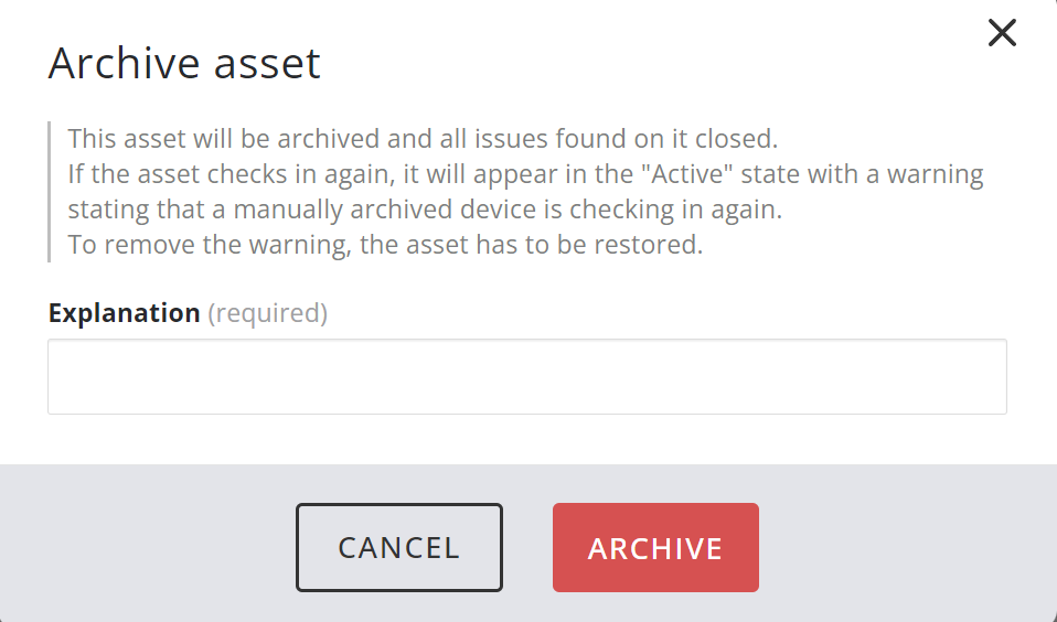 Decommission asset dialog